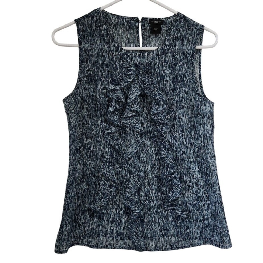 Ann Taylor Women Blue Abstract Print‎ Sleeveless Ruffle Front Blouse Size 4 D27